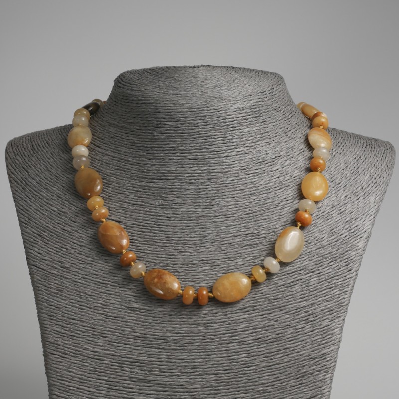 Naszyjnik z naturalnego kamienia agat żółty, płaski owal, średnica 13×18 mm, rondel, średnica 9×5 mm, długość 45 cm