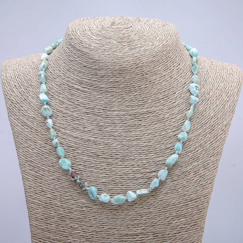 Naszyjnik z naturalnego kamienia Larimar, galetowy kształt, średnica 6×10 mm, długość 45 cm +