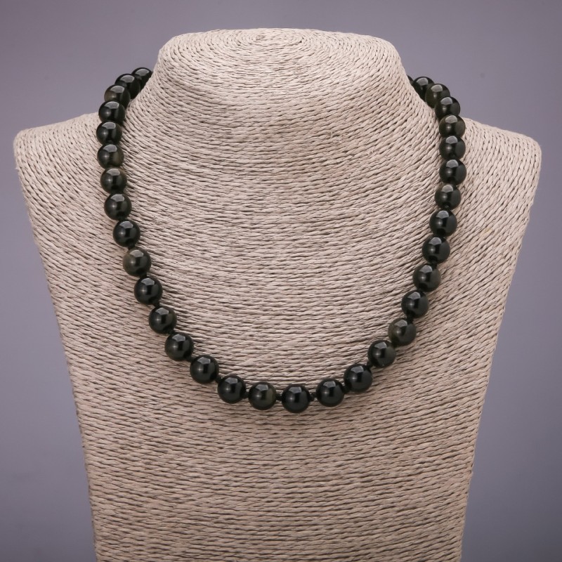 Naszyjnik z naturalnego kamienia: Słoneczny obsydian, gładka kulka, średnica 8 mm, długość 48 cm