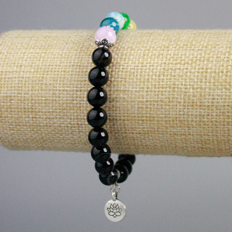 Bransoletka z czarnego agatu, wielobarwny mix, gładkie kulki, średnica około 8 mm, długość około 18 cm, elastyczna