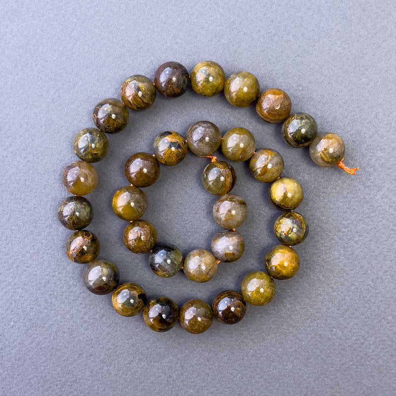 Koraliki z żółtego pietersytu, naturalny kamień, gładkie kulki, średnica 12 mm, długość 39 cm ±