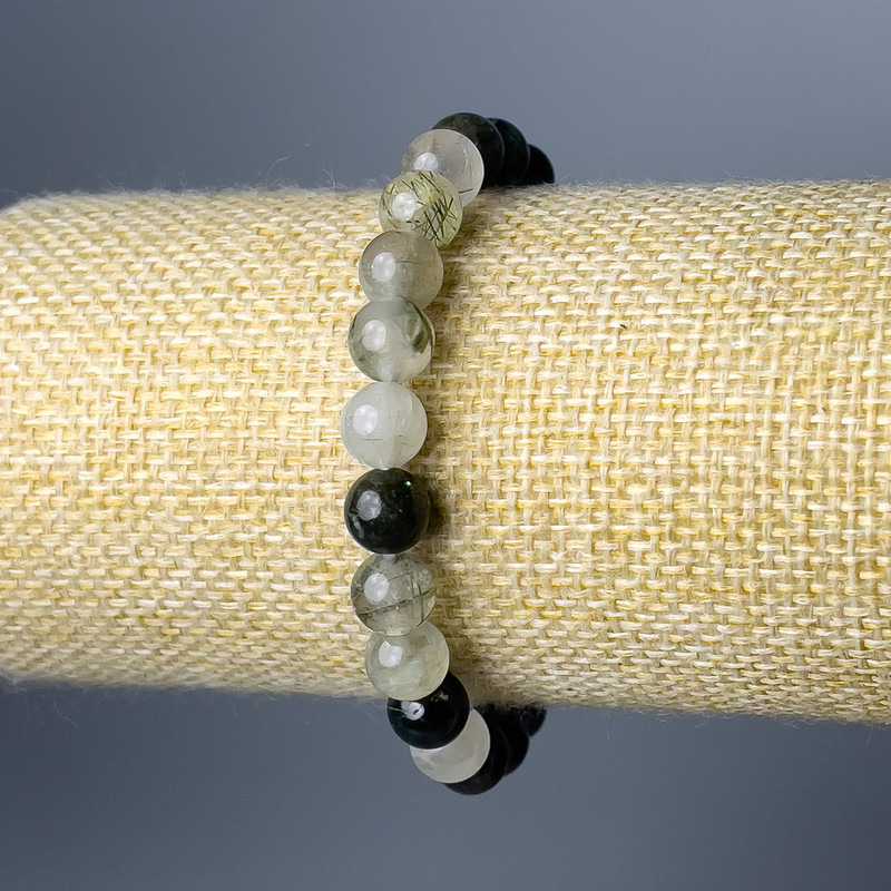 Bransoletka z kwarcu rutylowego włosistego z naturalnym kamieniem, gładkie kulki, średnica ok. 8 mm, długość 18 cm (elastyczna)