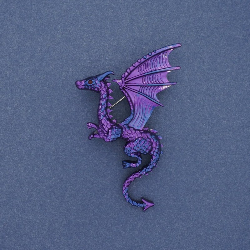 Broszka Smok – matowa fioletowo-niebieska emalia, metal srebrzysty, 42×66 mm