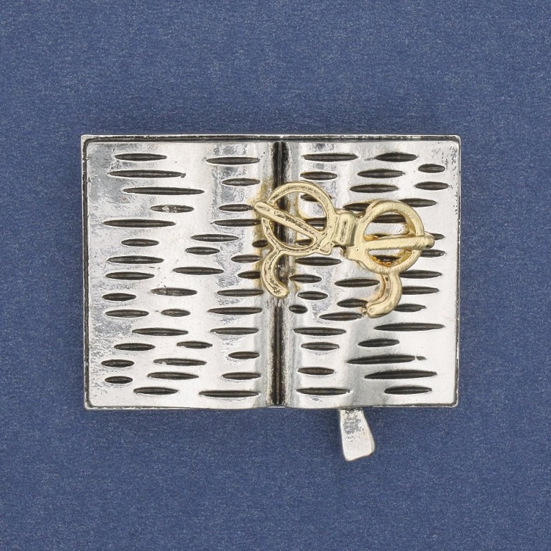 Broszka Książka z okularami w szarej i złocistej emalii, srebrzysty metal 35×26 mm