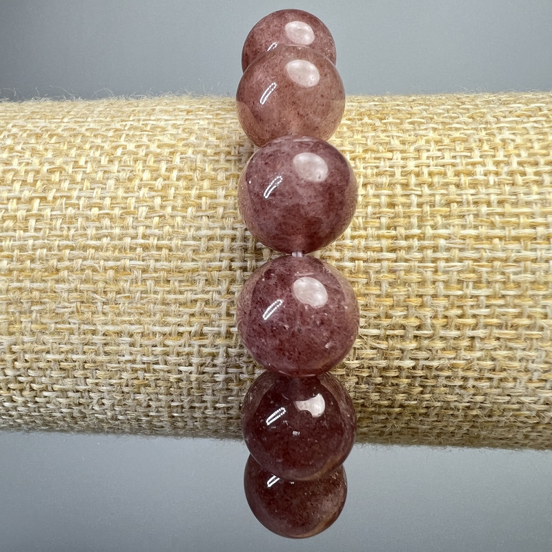 Bransoletka z kwarcu truskawkowego, naturalny kamień, gładka kulka, średnica 12,5 mm, długość 18 cm (rozciągliwa)