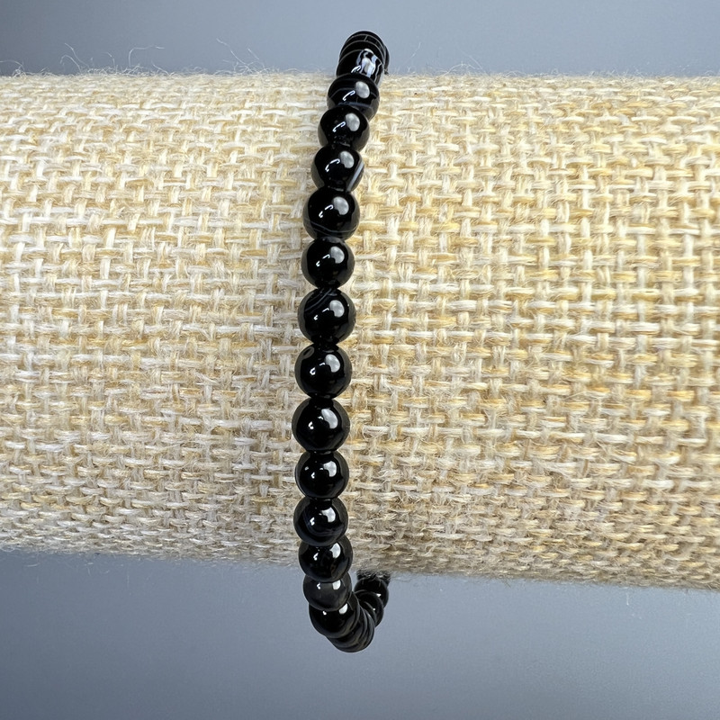 Bransoletka z czarnego agatu oczkowego, naturalny kamień, gładkie kulki o średnicy 4 mm, długość 18 cm, elastyczna