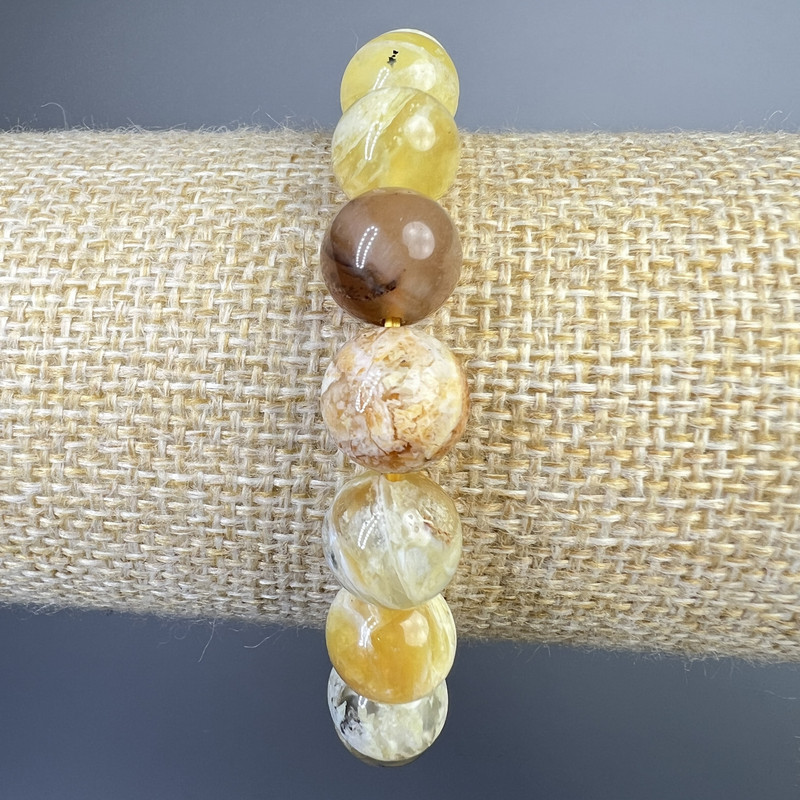 Bransoletka z żółtego opalu, naturalny kamień, gładka kulka, średnica 10,5 mm, długość 18 cm (rozciągliwa)