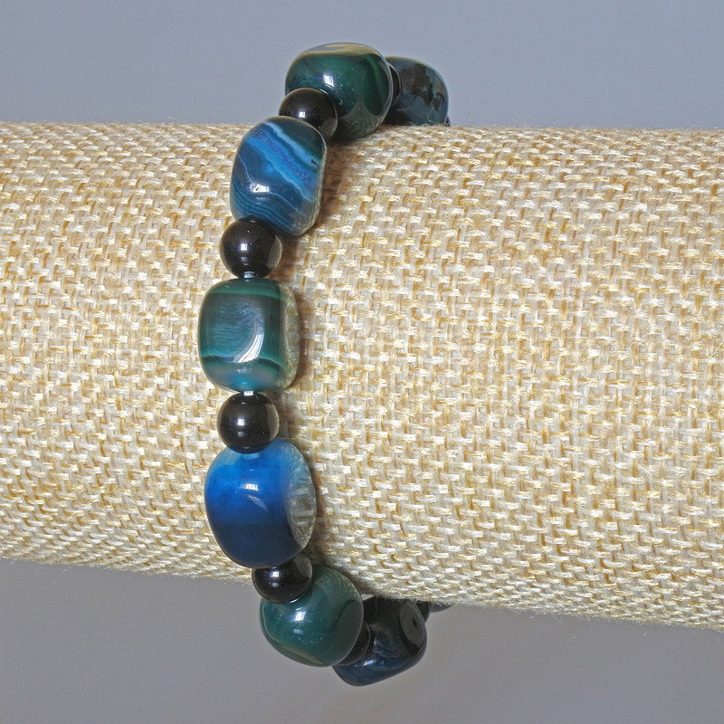 Bransoletka z agatu niebiesko-zielonego, naturalny kamień, bryłki 9×12 mm i gładkie kulki o średnicy 6 mm, długość 18 cm +/- (elastyczna)