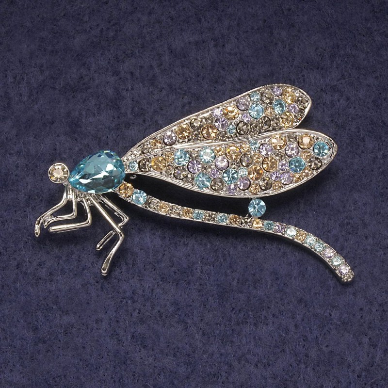 Broszka-wisiorek «Motyl» z niebieskim kryształem, różnobarwne cyrkonie, srebrzysty metal 55×35 mm