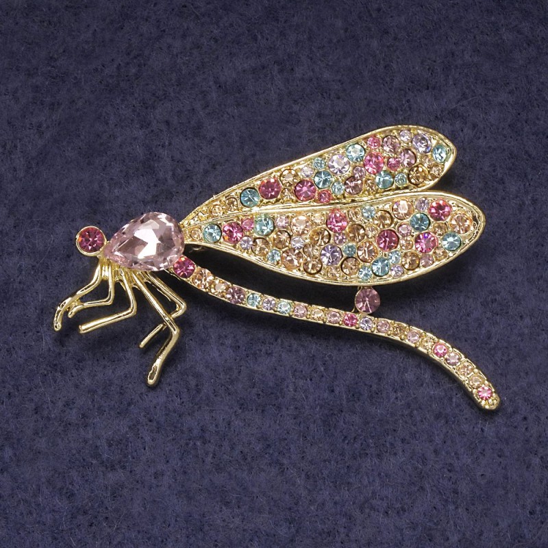 Broszka-wisiorek Motyl z różowym kryształem, kolorowe cyrkonie, metal złocisty 55×35 mm