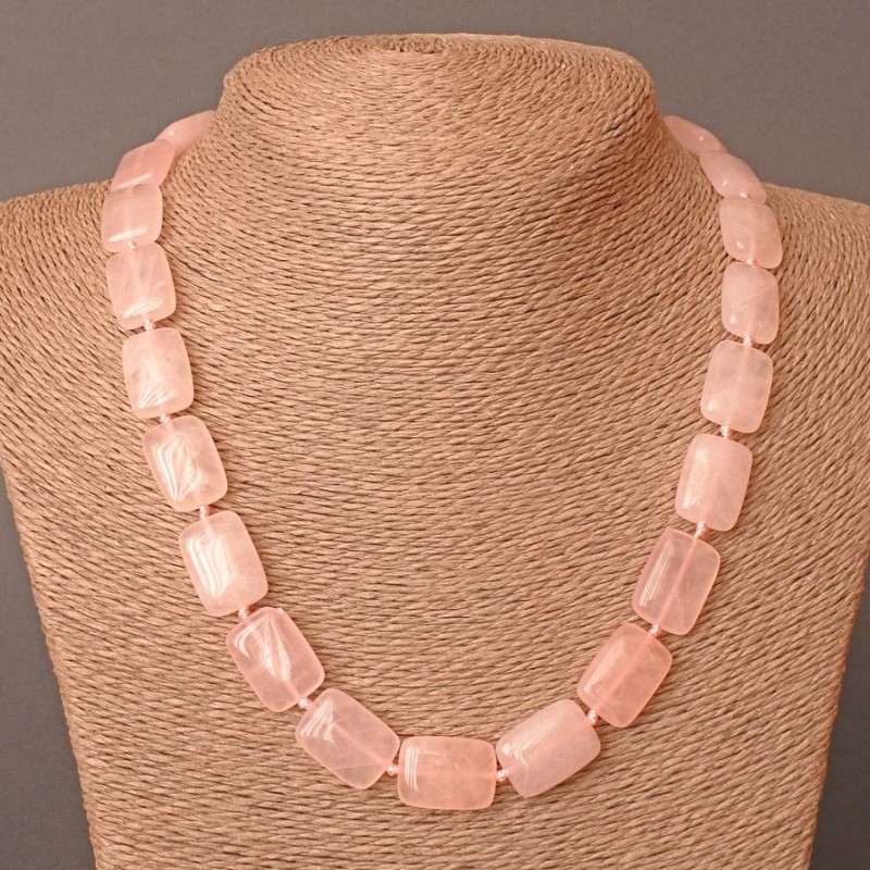Naszyjnik z różowego kwarcu, naturalny kamień, prostokątne koraliki, wymiary 13×18 mm, długość 48 cm