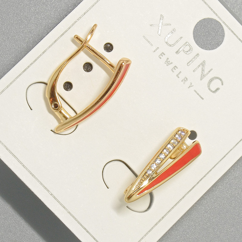 Kolczyki Xuping z białymi kryształami i czerwoną emalią, średnica 6×18 mm, pozłacane 18K