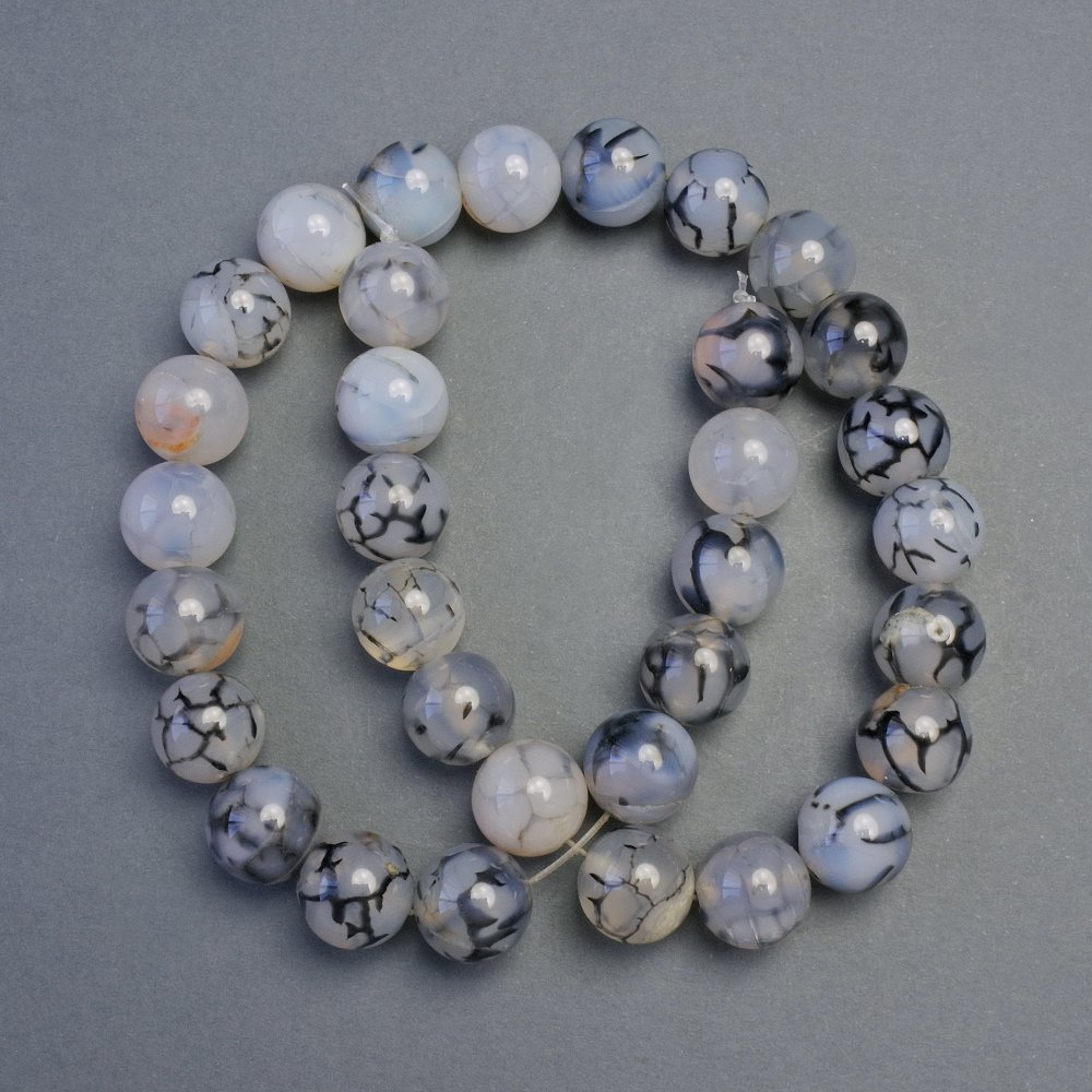 Koraliki agatowe „Żyły Smoka” – gładkie kule, średnica 12 mm, długość 39 cm ± na żyłce jubilerskiej
