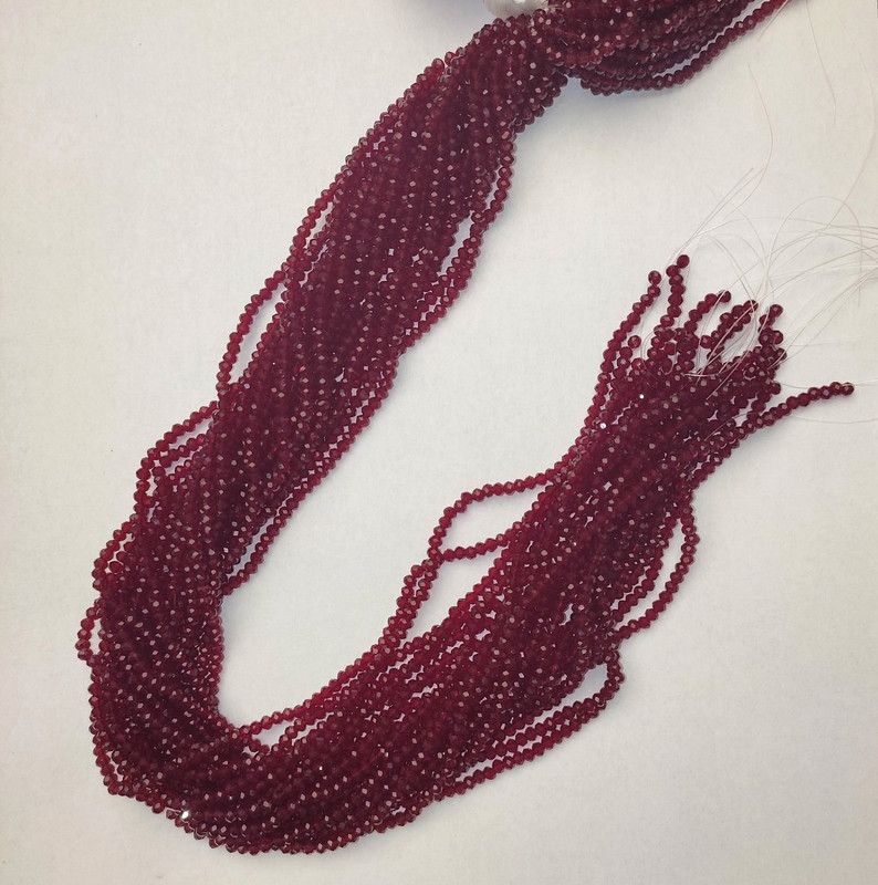 Koraliki z czeskiego kryształu, ciemnoczerwone, przejrzyste, szlifowane rondelle, średnica 3×2,5 mm, długość 38 mm, na żyłce