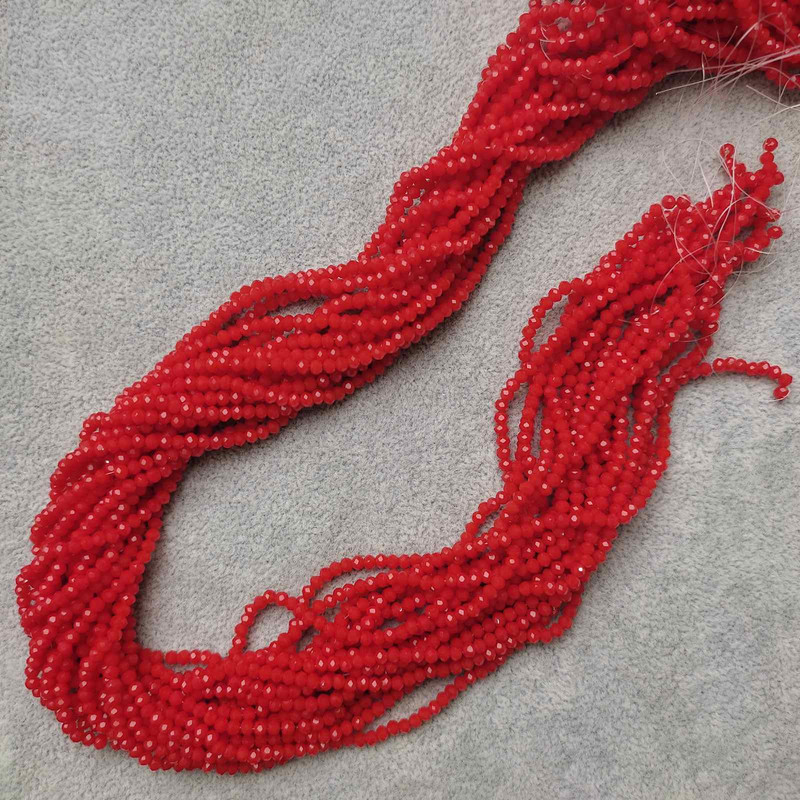 Koraliki z czeskiego kryształu, czerwone, fasetowane w kształcie rondelu, średnica 3×2,5 mm, długość 39 mm, na żyłce