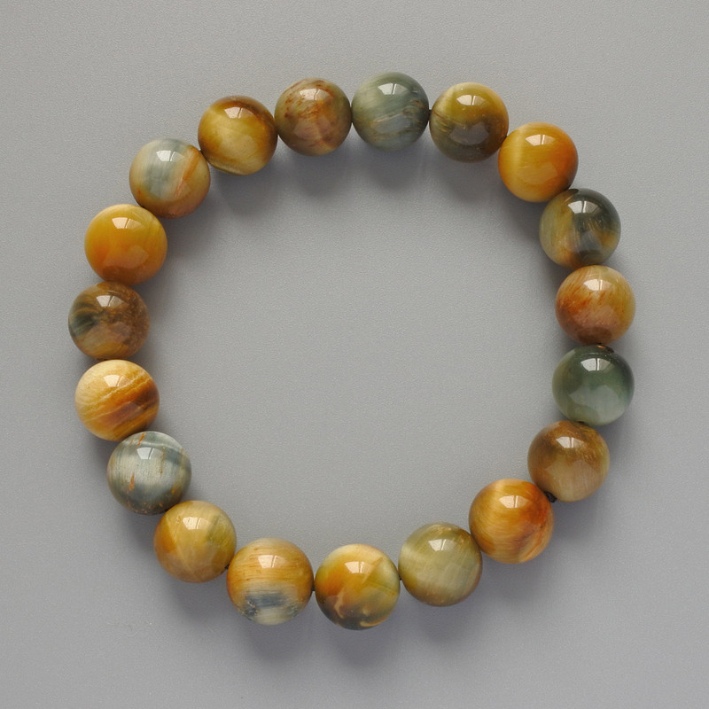 Bransoletka z żółto-szarego kociego oka z naturalnego kamienia, gładka kuleczka, średnica 10,5 mm, długość 18 cm (rozciągliwa)