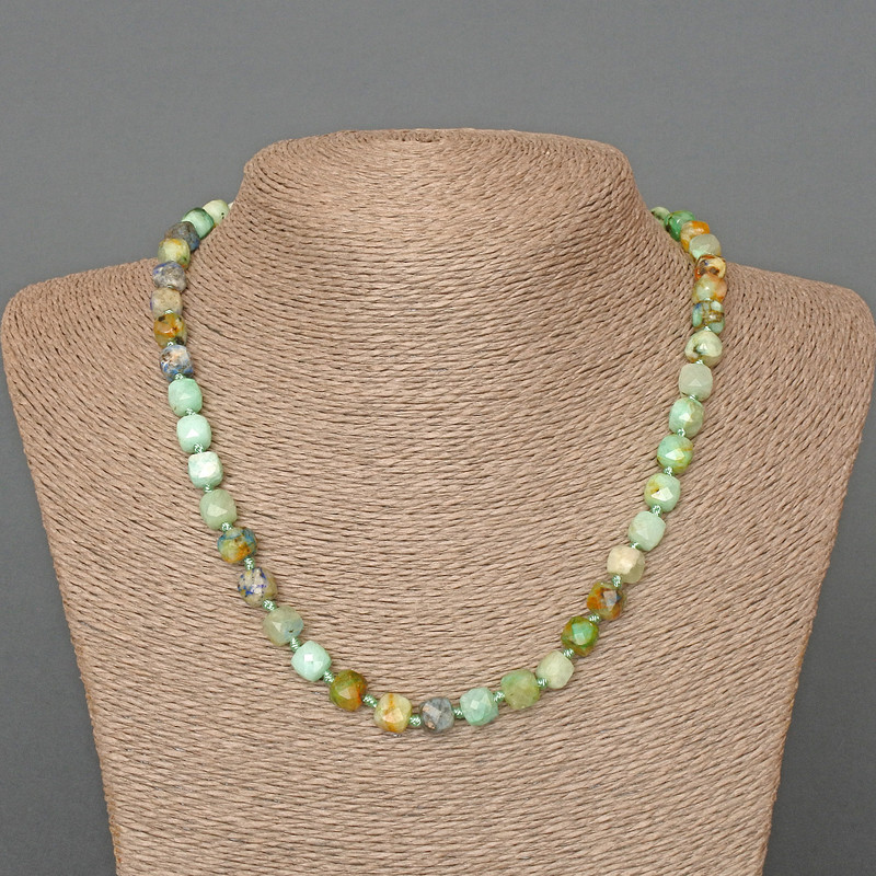 Naszyjnik z chryzokoli i lazurytu, naturalny kamień, fasetowana kostka, średnica 7 mm, długość 50 cm+-