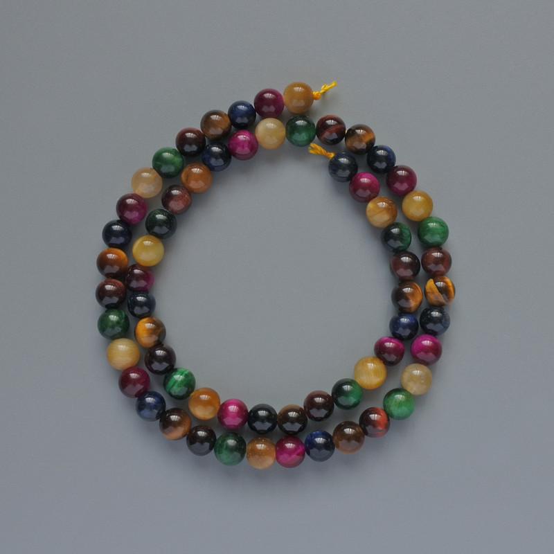 Koraliki Kocie Oko, asortyment naturalnego kamienia, gładkie kuleczki, średnica 6 mm ±, długość 38 cm ±, na nici