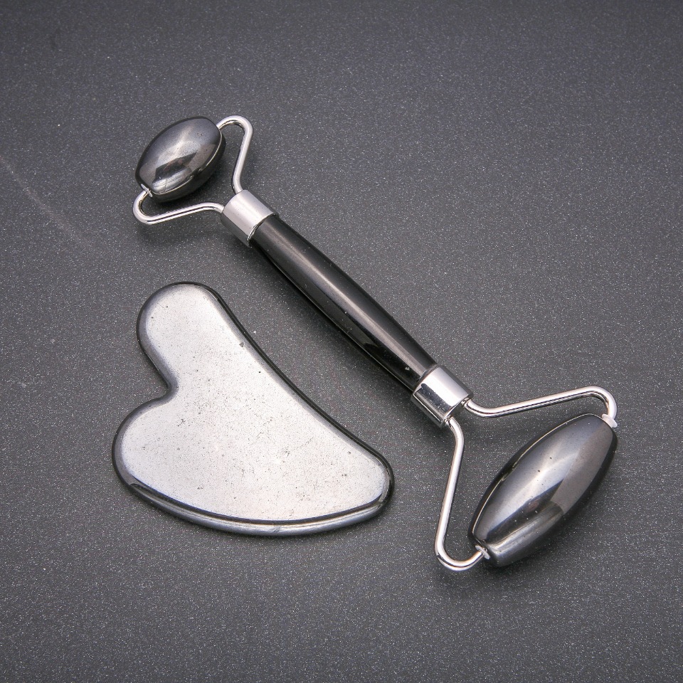 Zestaw masażerów z hematytu – rolkowy i Gua Sha