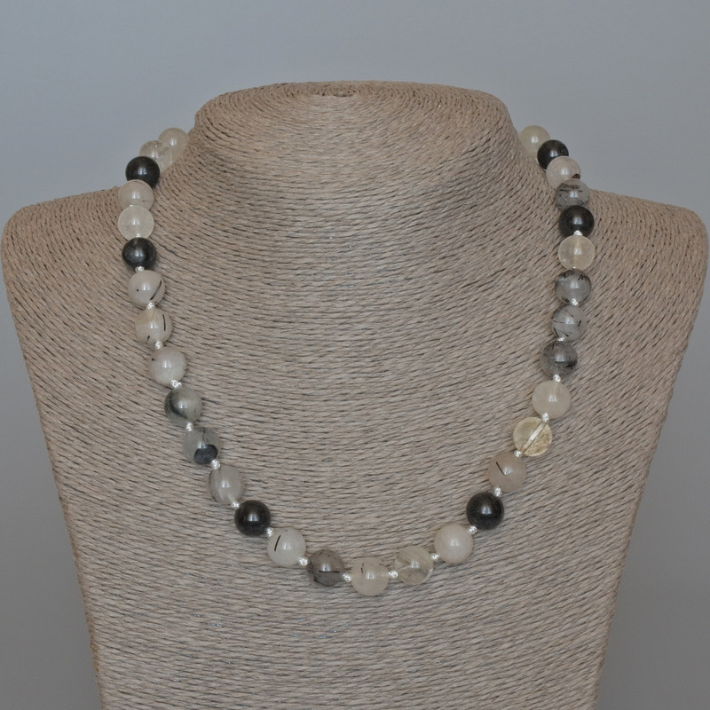 Naszyjnik z kwarcu rutylowego włochatego z naturalnego kamienia, gładkie kulki, średnica 10 mm +/-, długość 49 cm +/-