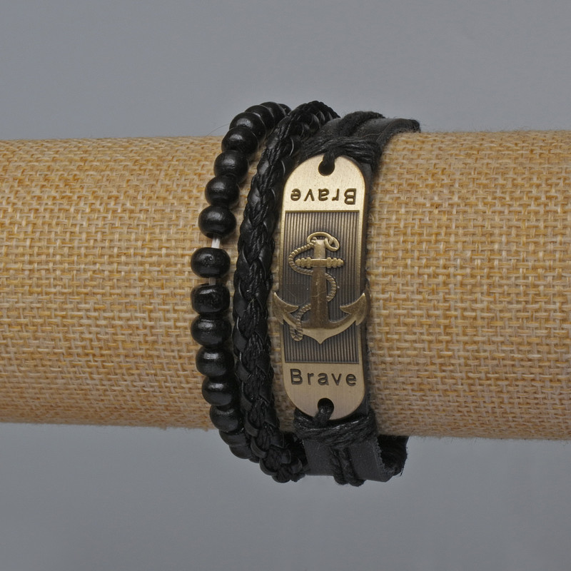 Bransoletka męska – zestaw 3 sztuk ze skóry ekologicznej w kolorze czarnym (zapięcie i elastyczny element)