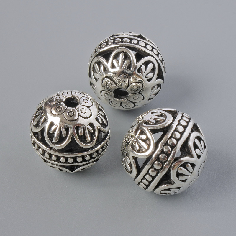 Koraliki-wstawki do biżuterii, średnica 14 mm, otwór 2,1 mm, srebrzysty kolor metalu, 3 szt.