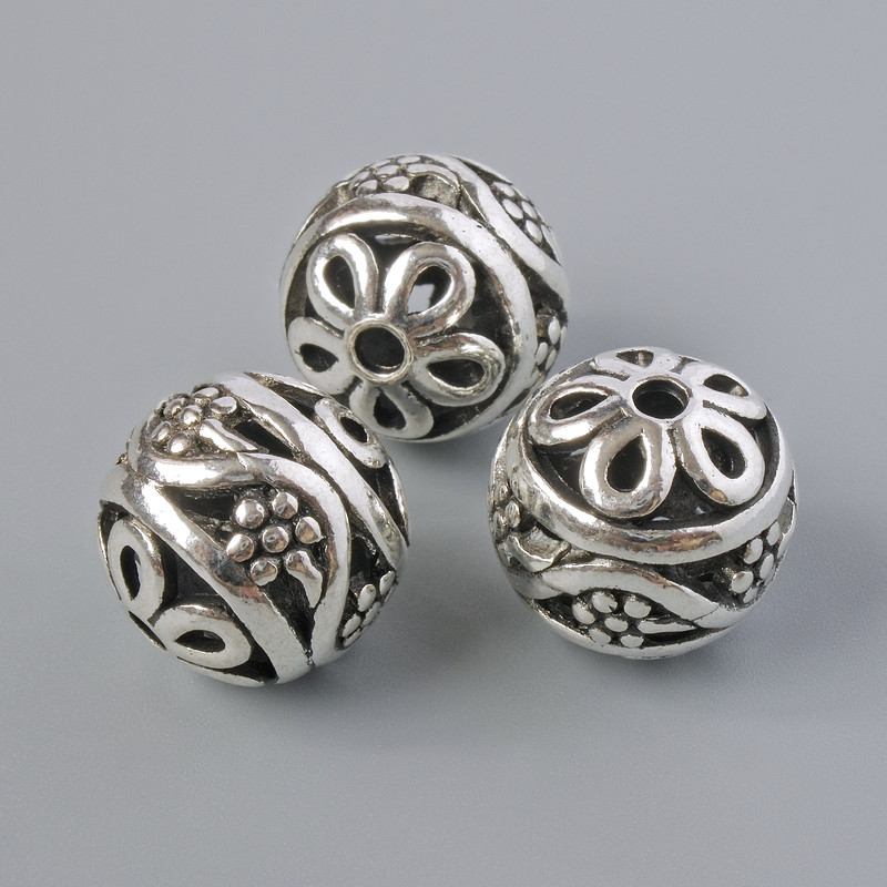 Koraliki-wstawki srebrzyste, średnica 14 mm, otwór o średnicy 2,2 mm, kolor metalu: srebrny, 3 szt.