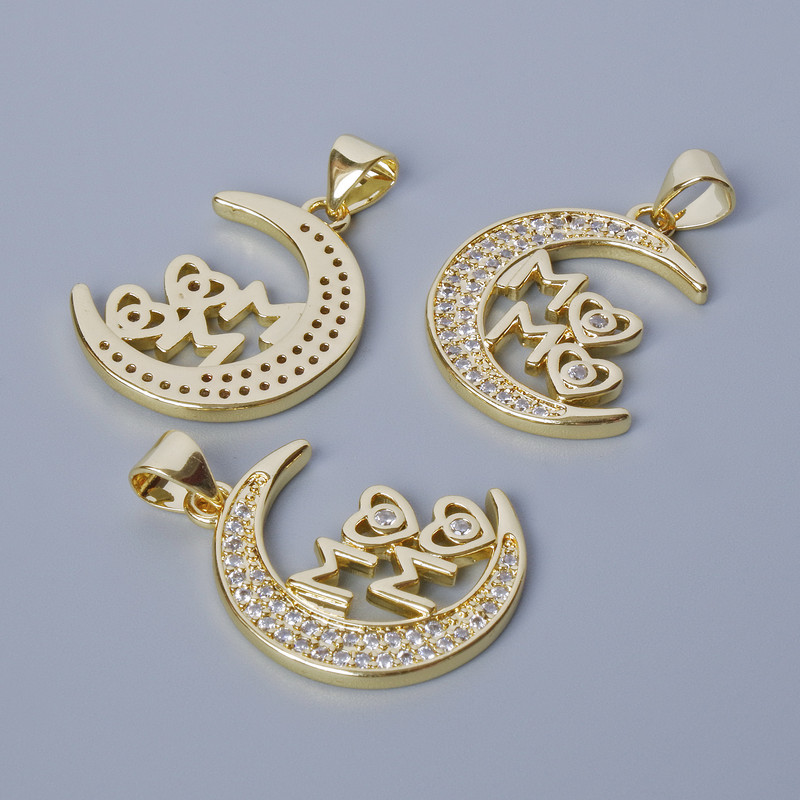 Wisiorek „Księżyc” z białymi kryształami, złoty kolor metalu, średnica 26×17 mm