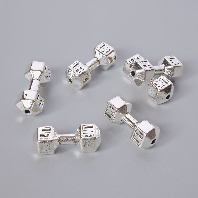 Koralik ozdobny w kształcie hantli, 8×19 mm, grubość 5 mm ±, opakowanie 6 szt., kolor metalu: srebrny