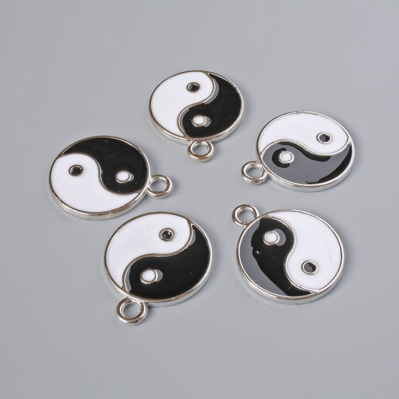 Zawieszka Yin Yang, średnica 18 mm, długość 22 mm, otwór 2,5 mm, fasetowany, zestaw 5 szt. ± srebrzysty kolor metalu