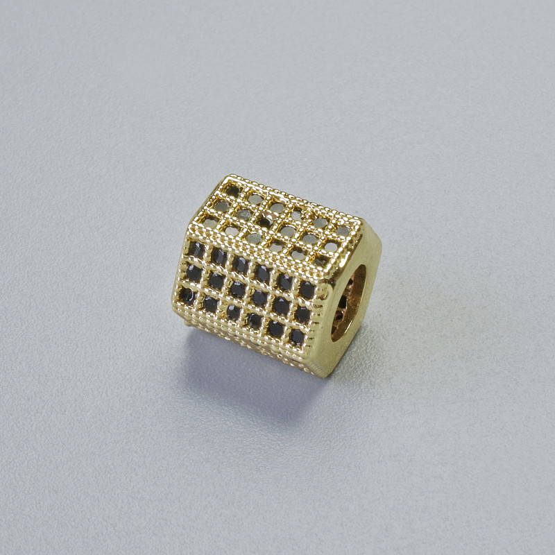 Koralik-wkładka z czarnymi cyrkonami, średnica 8,5×8 mm, otwór 4 mm, złoty kolor metalu, 1 szt.
