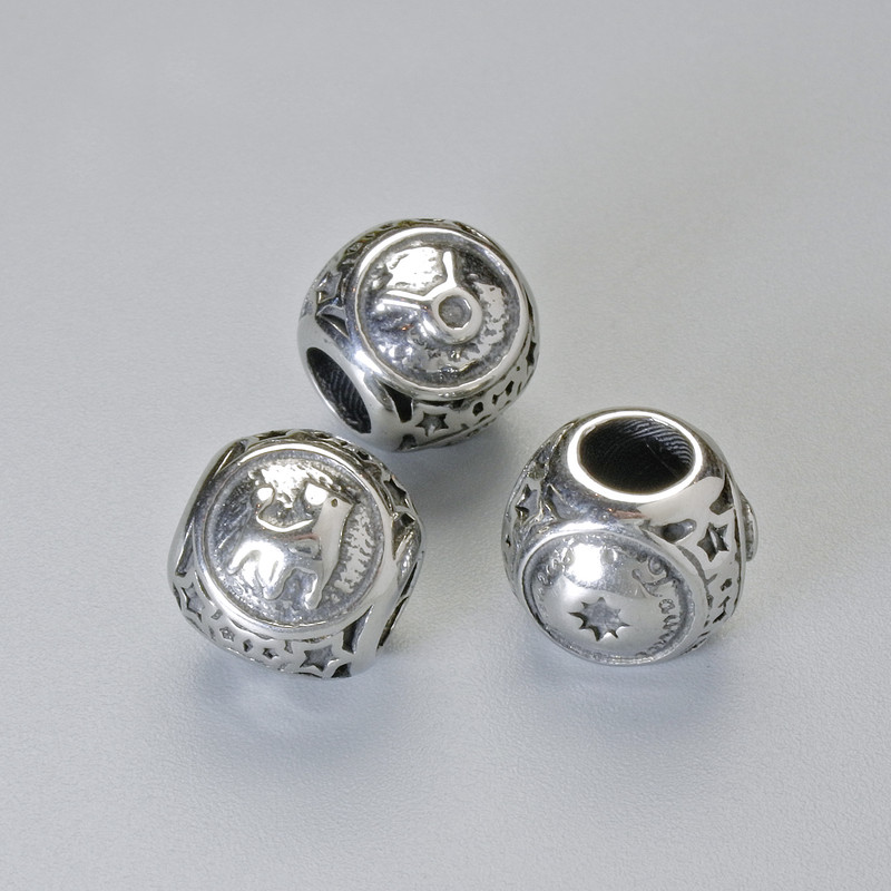 Okucia koralik-wkładka Znak zodiaku «Byk», średnica 9×10 mm ±, otwór o średnicy 4,3 mm, srebrzysty kolor metalu, 1 szt.