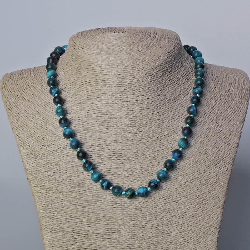 Naszyjnik Lazurowe Kocie Oko z naturalnego kamienia, gładkie kulki, średnica 8 mm, długość 45–48 cm