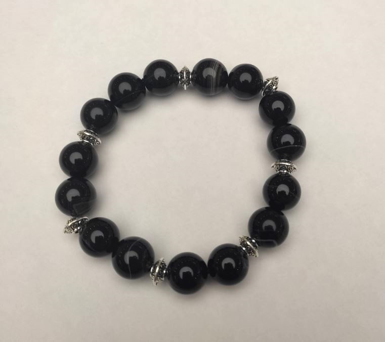 Bransoletka z czarnego agatu, gładkie kulki, średnica 12 mm ±, długość 18 cm ±, z metalowymi wstawkami