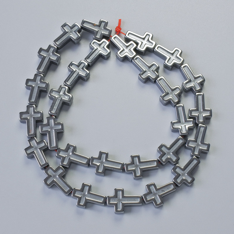 Koraliki hematytu w kształcie krzyża, 10×14 mm i 5×4 mm, długość 41 cm na żyłce