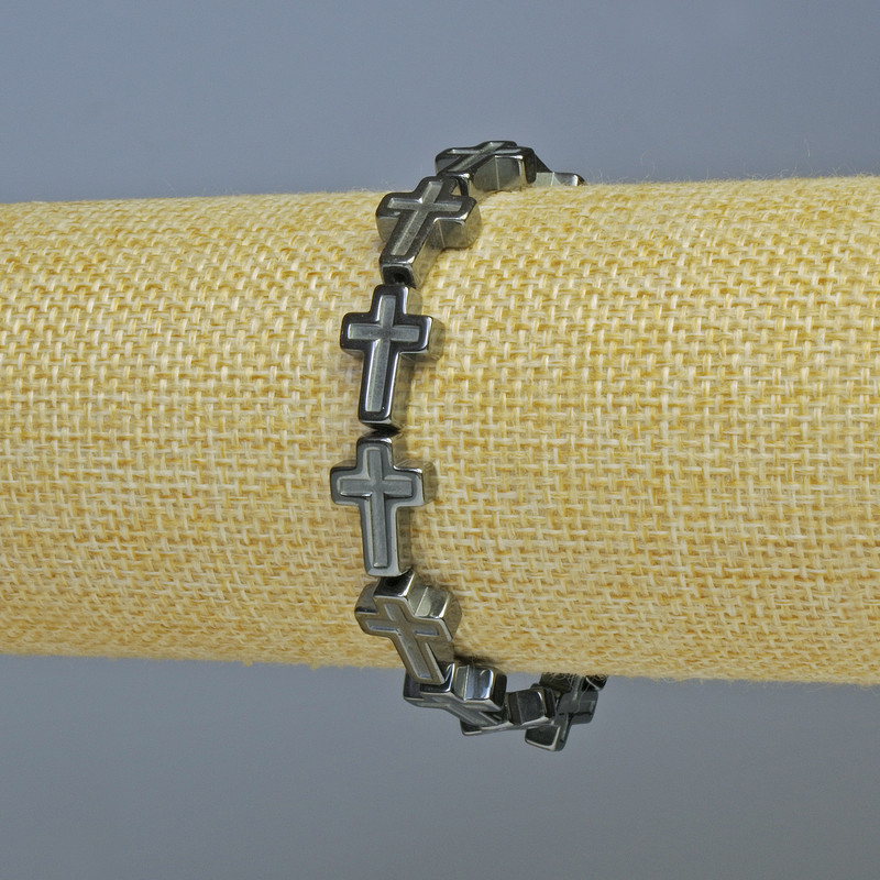 Bransoleta hematyt „Krzyż”, średnica 10×14, 5×4 mm ±, długość 18 cm ± (elastyczna)