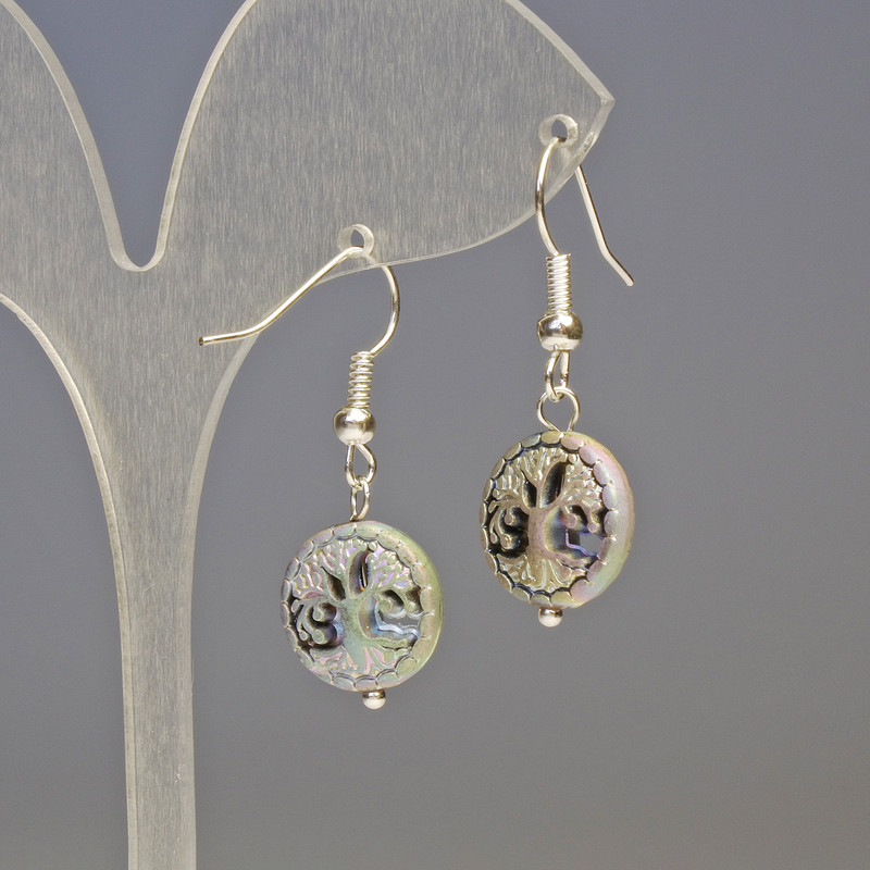 Kolczyki z hematytu i błękitnego drewna, srebro, średnica 12×4 mm, długość 3,2 cm