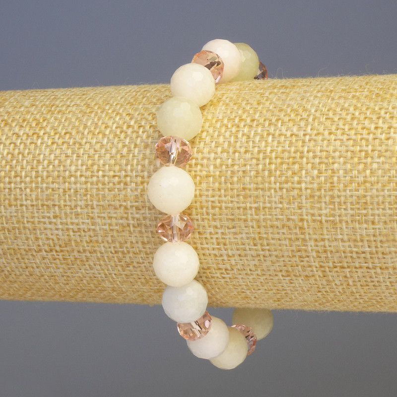 Bransoletka z morganitu i czeskiego szkła – fasetowana kulka i rondel, średnica 10 i 8 mm, długość 18 cm, elastyczna