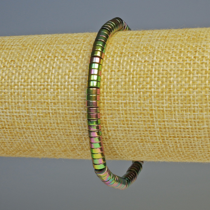 Bransoletka z hematytu w kształcie rondeli, kolor wielobarwny, średnica 5×2 mm ±, długość 18 cm ±, elastyczna
