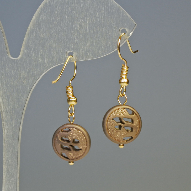 Kolczyki hematyt Drzewo, matowy brązowy, średnica 12×4,5 mm, długość 3,2 cm