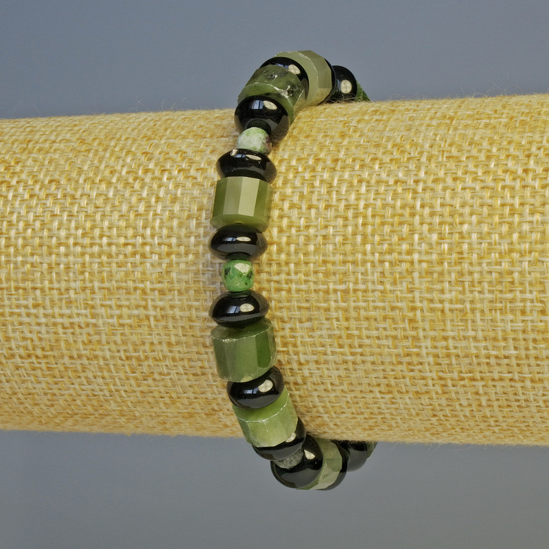 Bransoletka z jadeitu, fasetowany krążek zoizytu, fasetowany krążek agatowy, długość 18 cm ± elastyczna