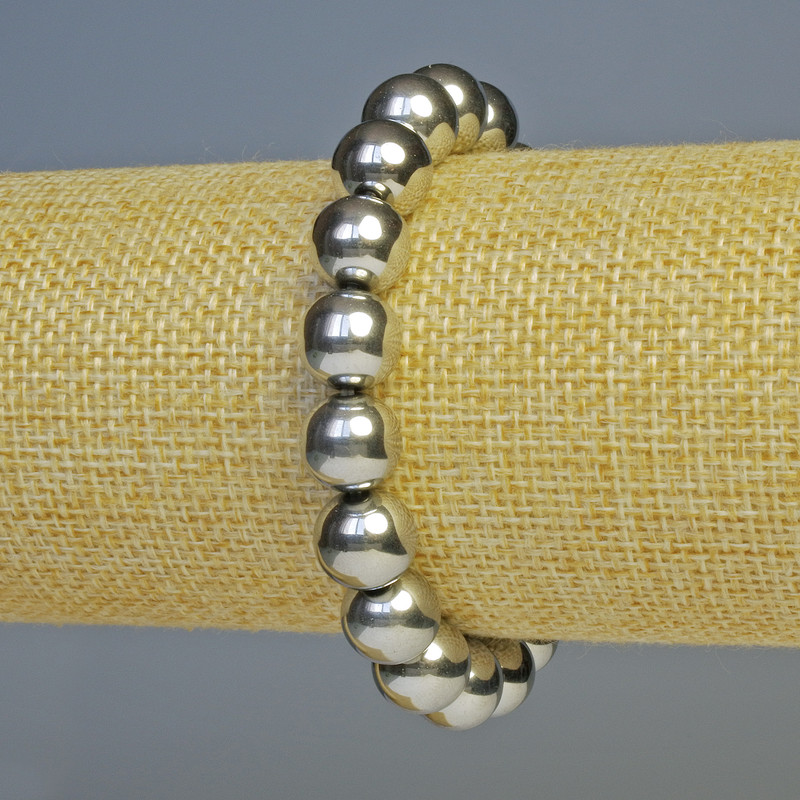 Bransoletka hematyt w kuleczkach, kolor srebrzysty, średnica 10 mm, długość 18 cm, elastyczna