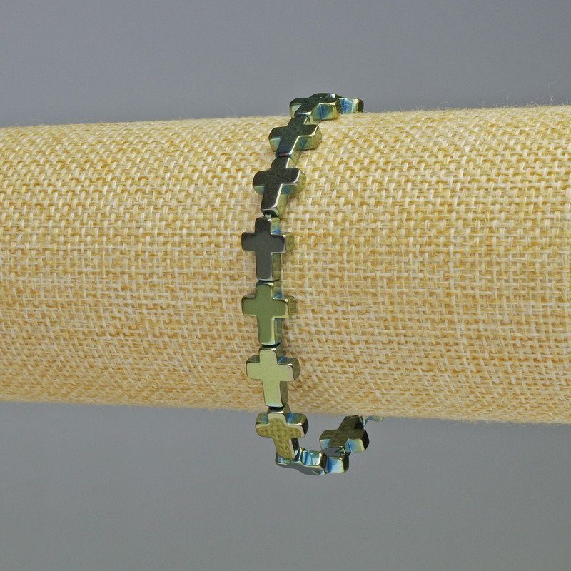 Bransoletka z hematitu 'Krzyż' kolor zielono-niebieski, średnica 8,5×10,5×3 mm, długość 18 cm ± elastyczna