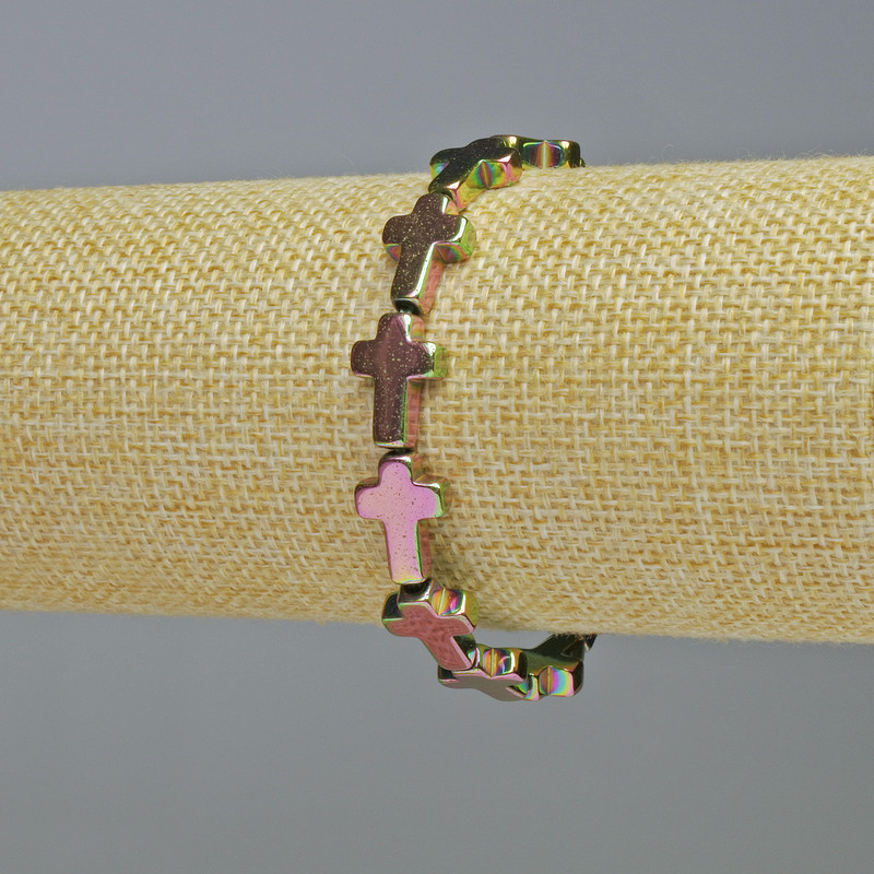 Bransoletka hematytowa 'Krzyż' w kolorze kameleonowym, średnica 10x14x4 mm +/-, długość 18 cm +/- elastyczna