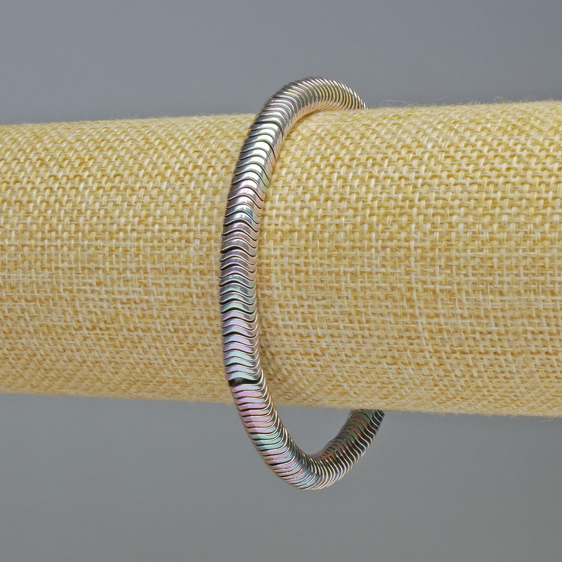 Bransoletka z hematytu w kształcie rondeli „fala”, kolor tęczowo-srebrny, średnica 6×1 mm, długość 18 cm, na elastycznej gumce