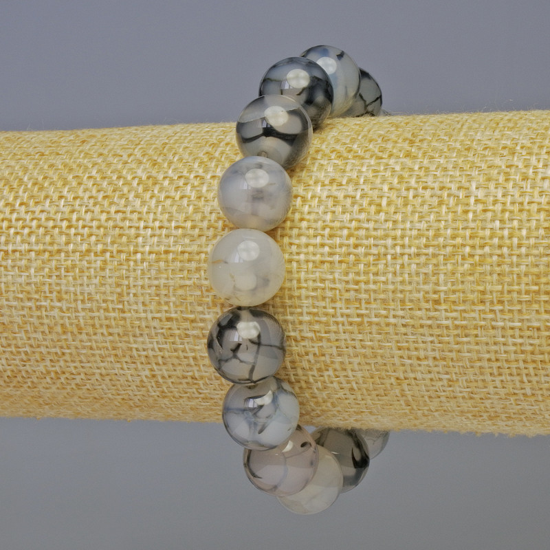 Bransoletka z agatu z żyłami smoka, gładkie kuleczki, średnica 12 mm, długość 18 cm, elastyczna