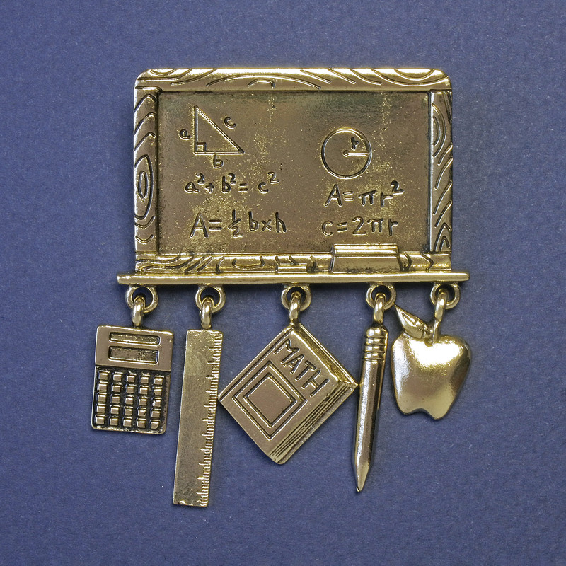 Broszka «Tablica matematyczna z zawieszkami» 60×45 mm ± złoty metal