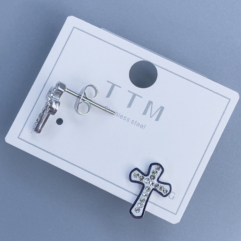 Kolczyki wkrętki Xuping Krzyż z białymi cyrkoniami 12×9 mm, rhodiowane