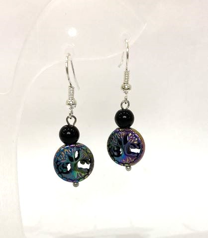 Kolczyki z hematytu w formie monety 12×4 mm, agatowa gładka kulka 6 mm, długość 38 mm