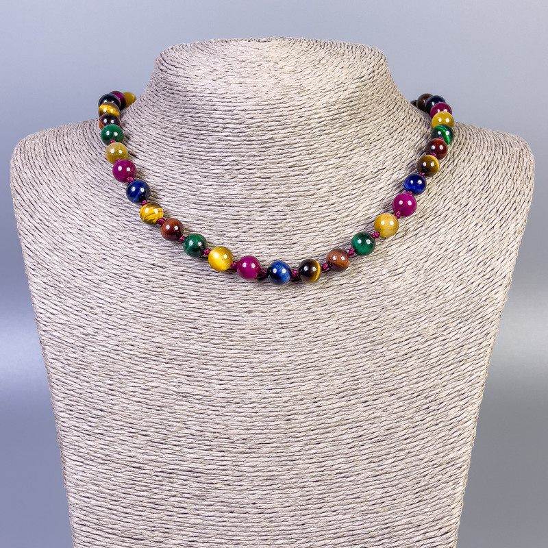 Naszyjnik z tygrysiego oka, kociego oka i byczego oka, gładkie kulki o średnicy około 8 mm, długość około 45 cm, z zapięciem